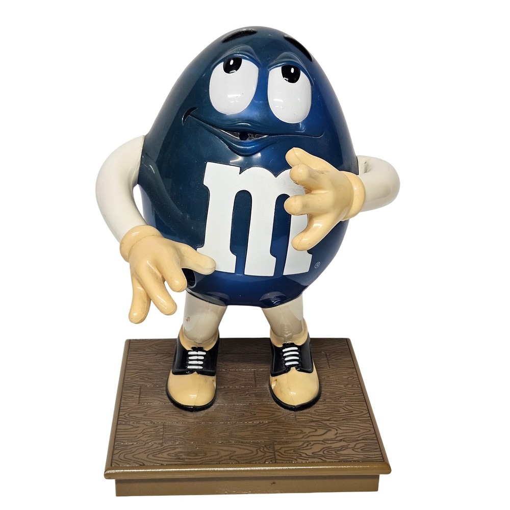 M&M's Vintage Candy Dispenser Blue Blue Character Wood Grain Base Collectible *